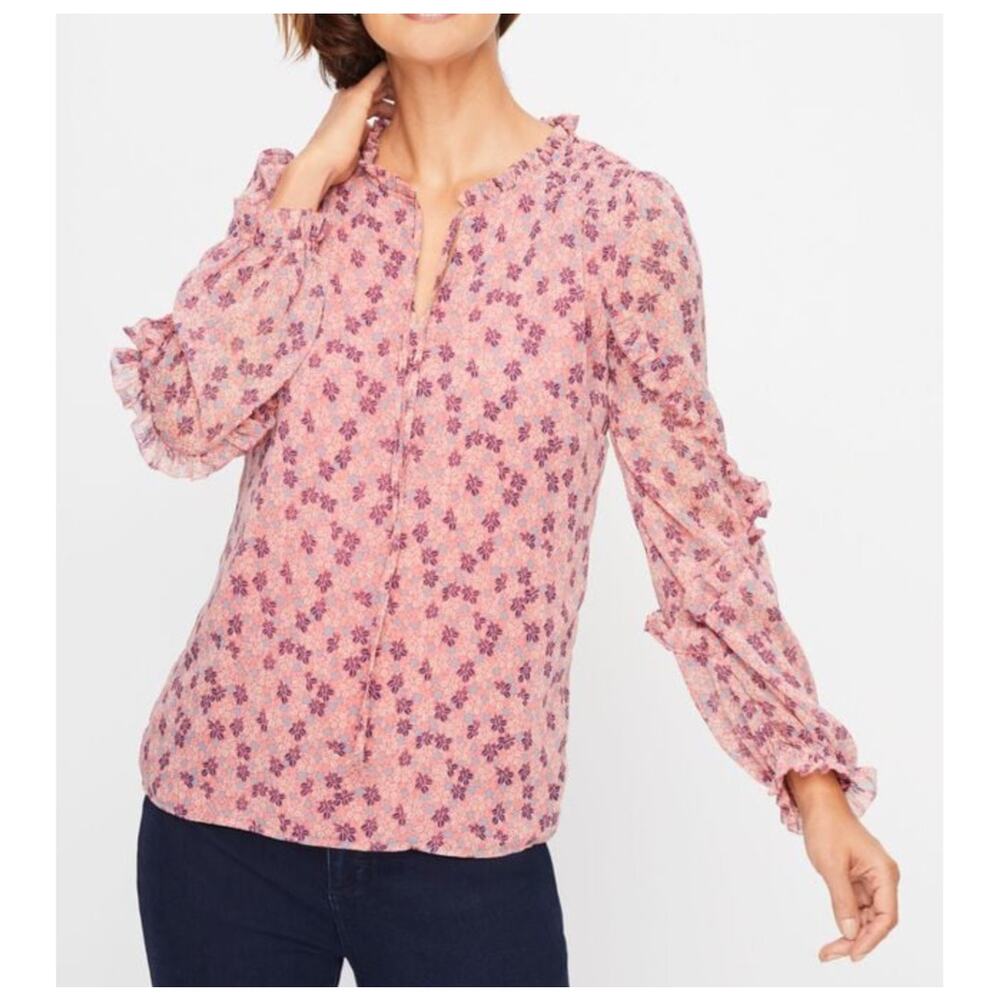 Talbots Floral Prints Ruffle Sleeves Blouse Long Sleeves Tie Neck